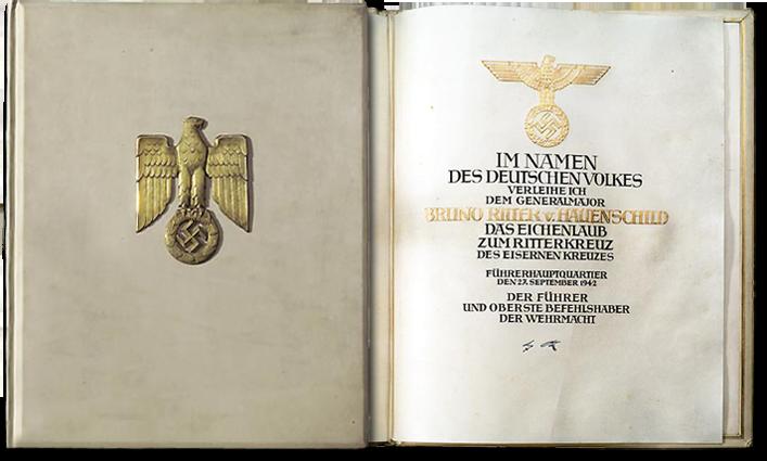 Документ о награждении Рыцарским крестом Железного креста с Дубовыми листьями
